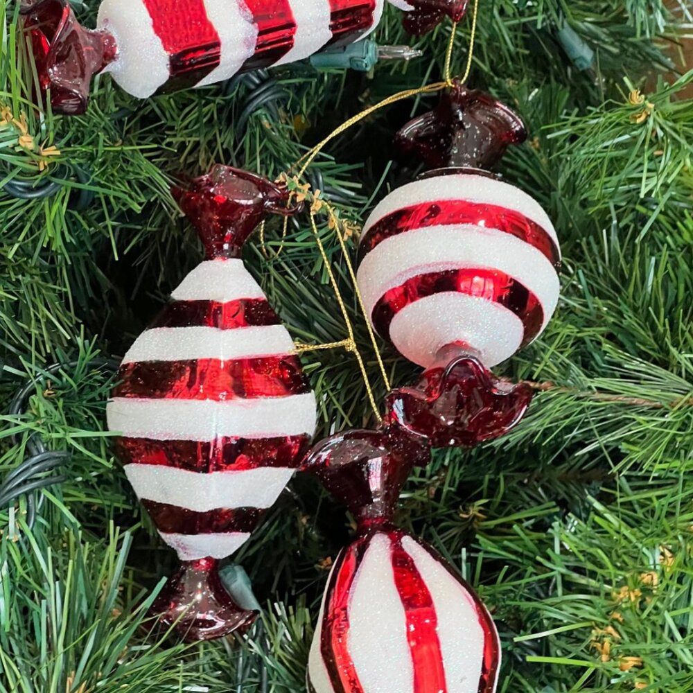 Large Mixed Glass Christmas Candy Peppermint Tree Ornaments Decor 4 Count